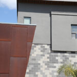 CMU architecture modern mixed material with precision block in natural, grey, and white
